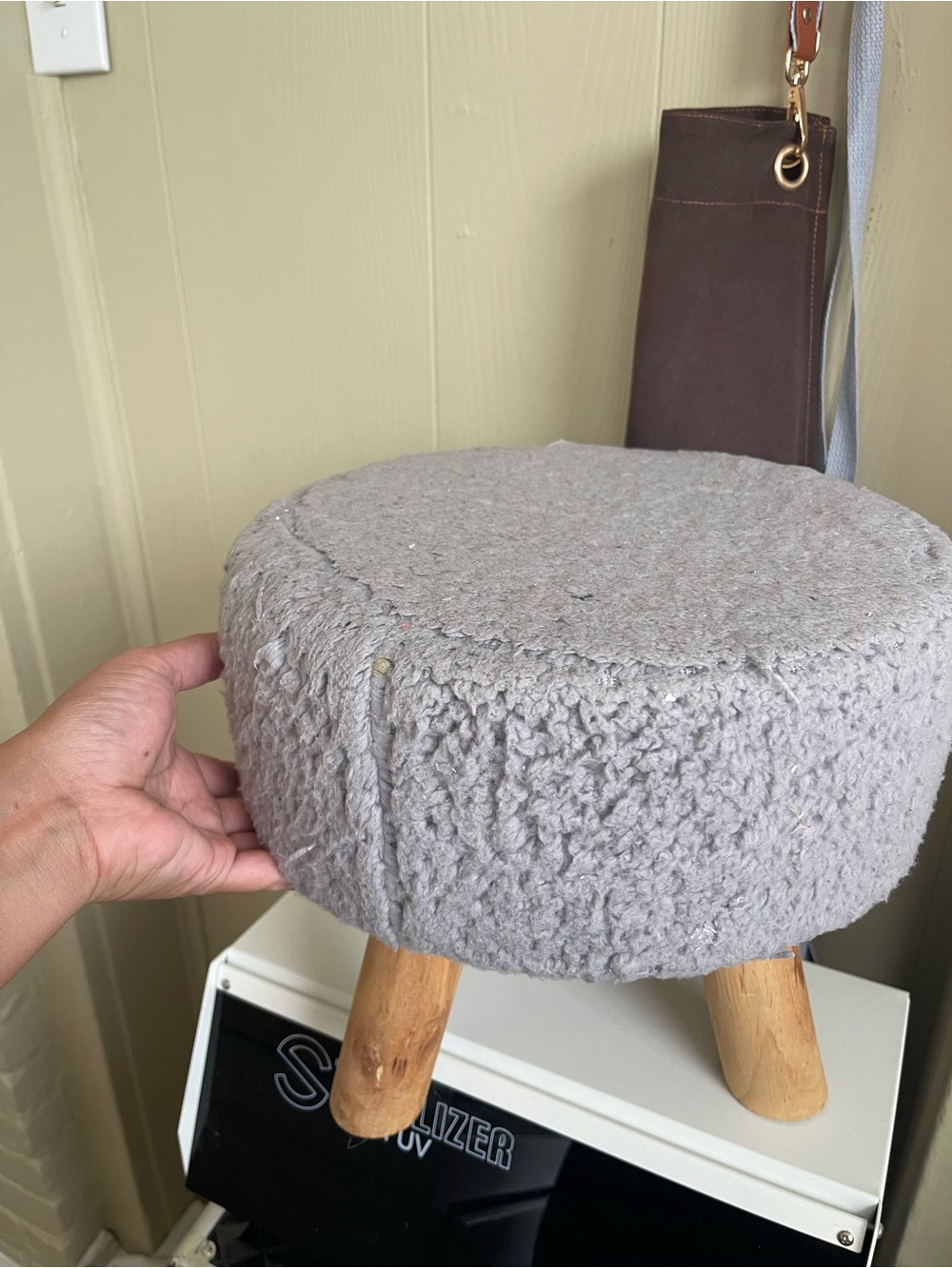 Neutral Gray Round Upholstered Accent Stool with Wooden Legs